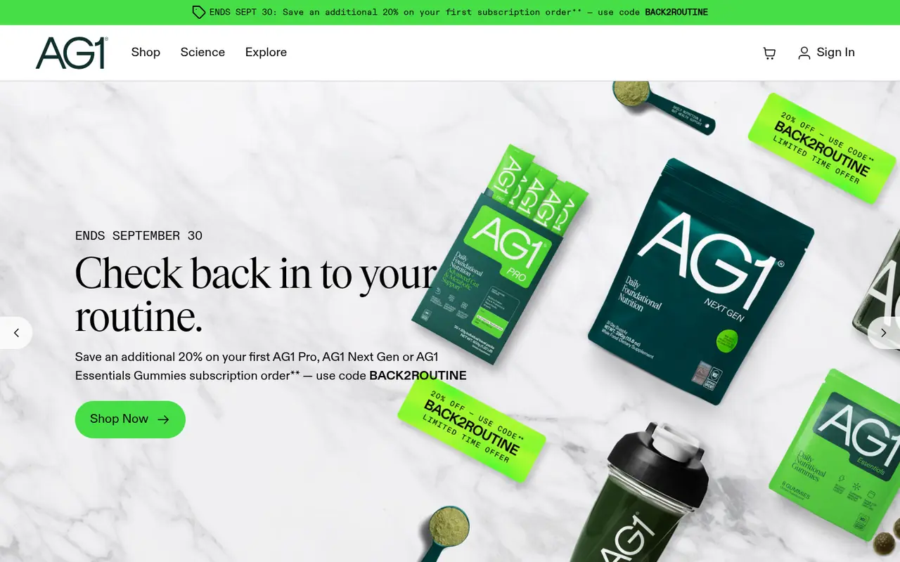 AG1 Wellness Shopify homepage screenshot