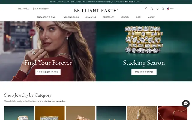 Brilliant Earth Jewelry Shopify homepage screenshot