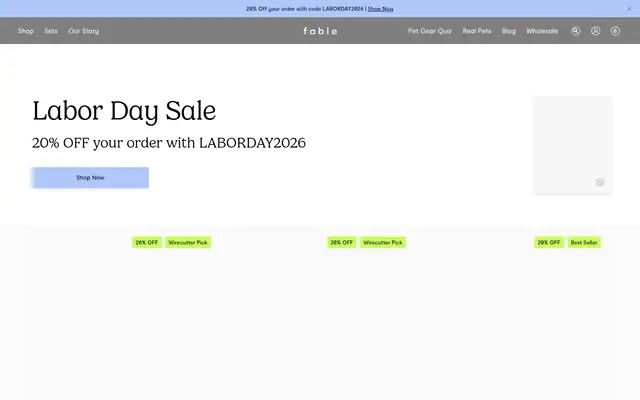Fable Pets Shopify homepage screenshot