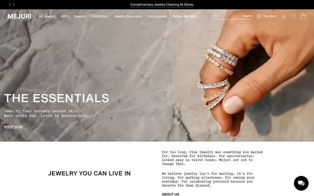 Mejuri Jewelry Shopify homepage screenshot