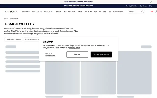 Missoma Jewelry Shopify homepage screenshot