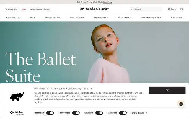 Monica + Andy Kids Shopify homepage screenshot