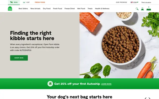 Open Farm Pets Shopify homepage screenshot