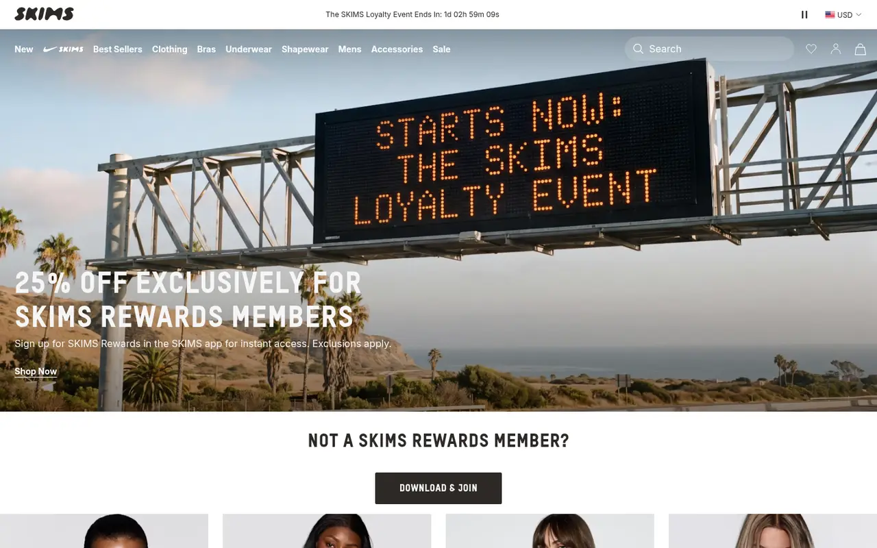 SKIMS Fashion Shopify homepage screenshot