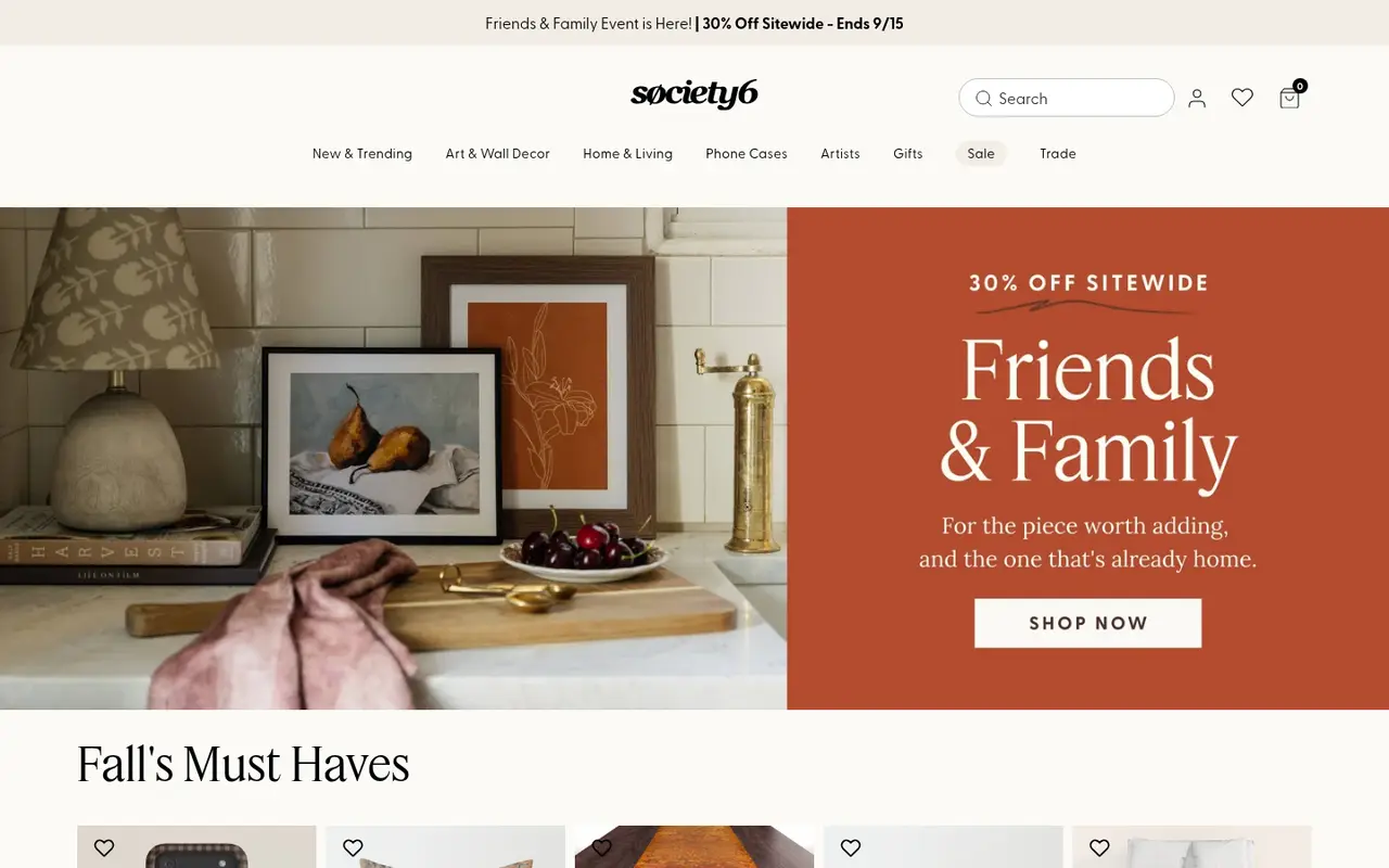Society6 Art & Craft Shopify homepage screenshot
