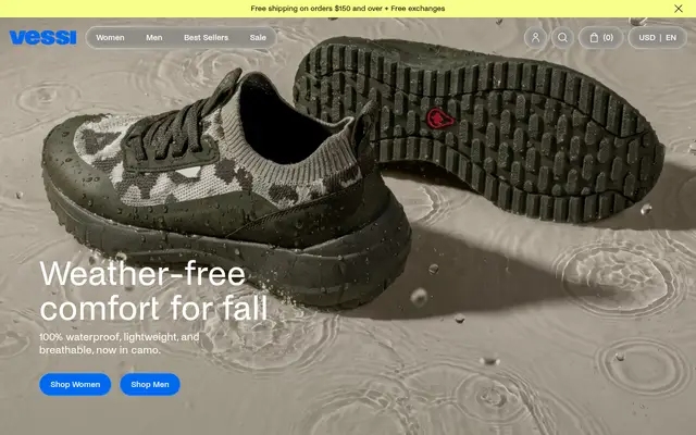 Vessi Fashion Shopify homepage screenshot