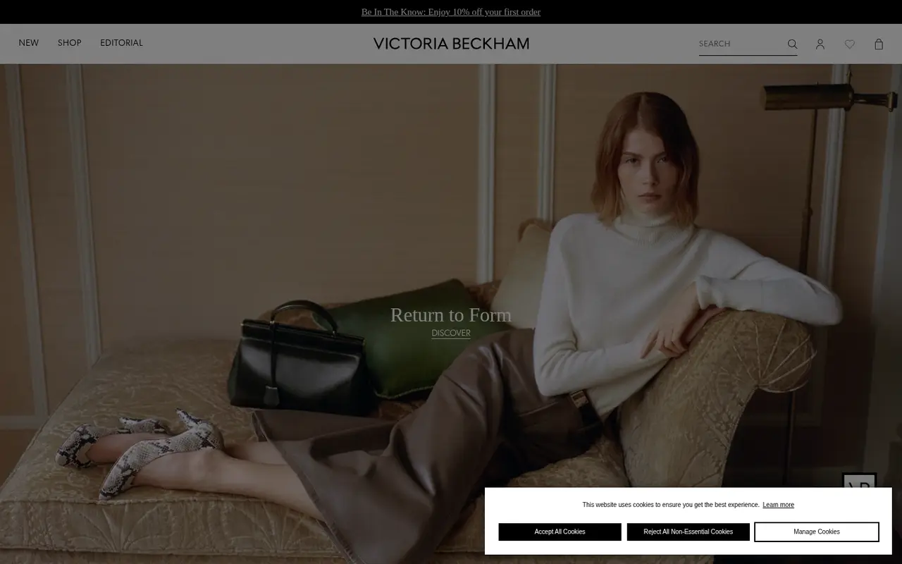 Victoria Beckham UK Fashion Shopify homepage screenshot